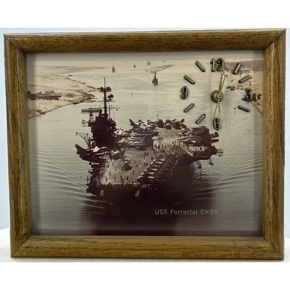 USS Forrestal CV-59 Navy Supercarrier Wall Clock Wooden Frame Vintage Working
